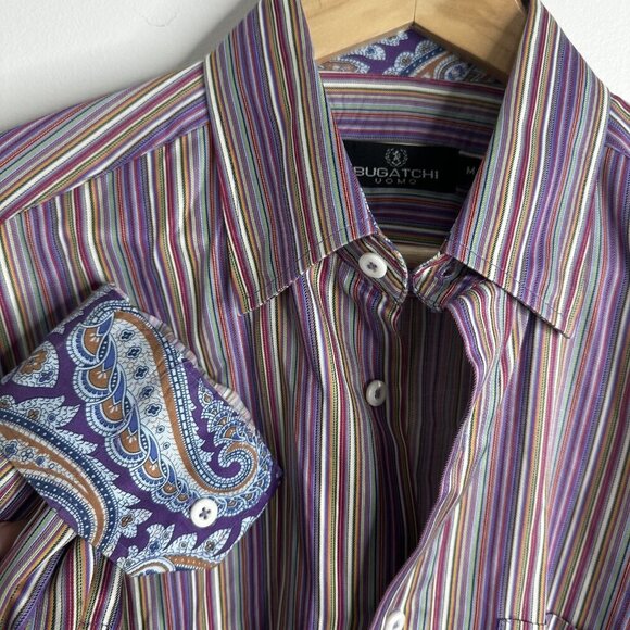 Bugatchi Uomo Shirt Mens Medium Multicolor Stripe Paisley Cuff Dress Casual - Picture 1 of 12